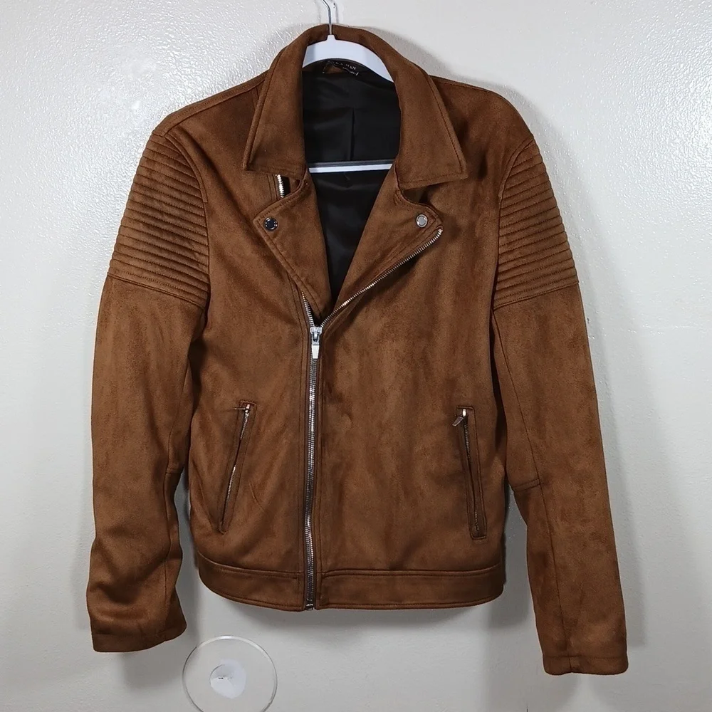 Zara Men's Rust Brown Vegan Suede Moto Biker Jacket size Small